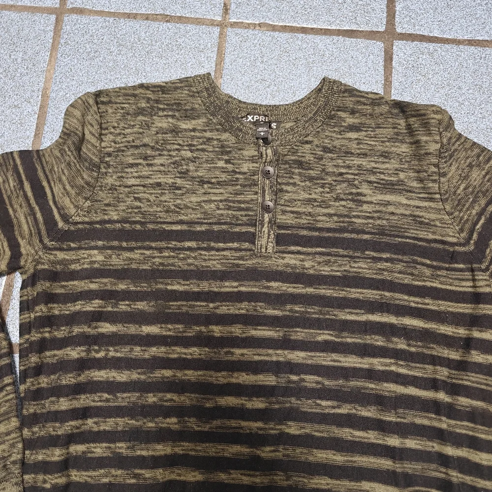 Express Men's Striped Sweater - Green and Black Size L